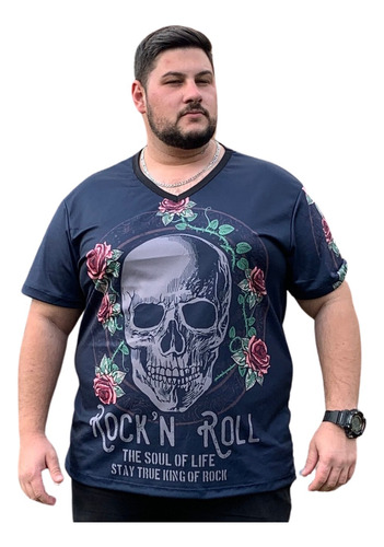 Camisa Masculina Plus Size Dry Fit Uv Rock Caveira Casual