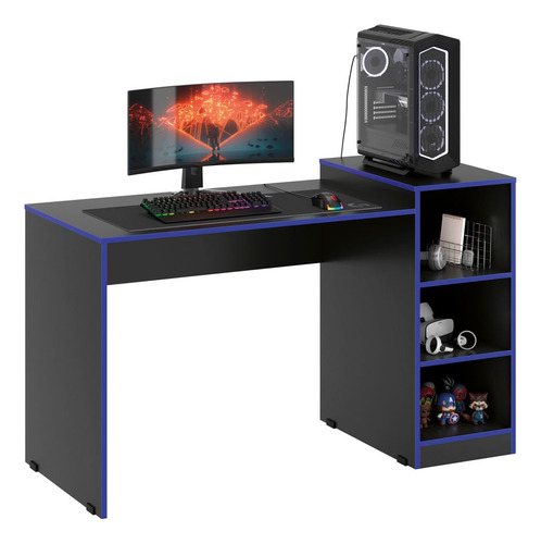 Mesa Escrivaninha Gamer Ee Para Quarto Com Nichos Azul Preto
