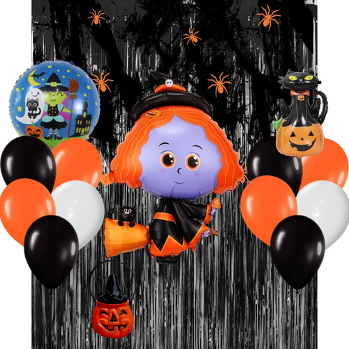 Combo Globos Cumple Halloween Negro Brujita Caramelera