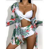 Traje De Baño Bikini Tiro Alto Mas Kimono 3 Piezas T022