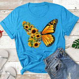 1n Camisa Mujer Estampado Girasoles Mariposas Manga Corta 01