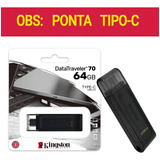 Pendrive Kingston Datatraveler 70 Dt70 Tipo C 64gb 3.2 Gen 1 Preto