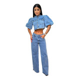 Conjunto Jeans Pantalona Bordada E Blusa Cropped Balonê