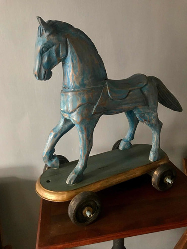 Figura Vintage Caballo Sobre Ruedas Estilo Antiguo Tallado !