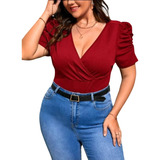 Blusa Polera Cruzada En Busto Manga Corta Plus Size B008