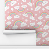 Papel Parede Infantil Nuvens Fofinhas Arco-iris Rosa 2m