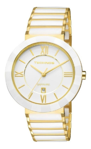 Relógio De Pulso Technos Ceramic 2015 Com Corpo Branco,  Analógico, Para Feminino, Fundo  Branco, Com Correia De Aço Cor Branco E Dourado, Agulhas Cor Dourado, Subdials De Cor Dourado, Bisel Cor Branc