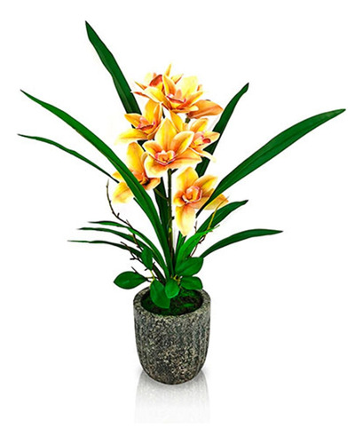 Orquídea Flor Artificial Maceta Cemento Hojas 54 Cm 