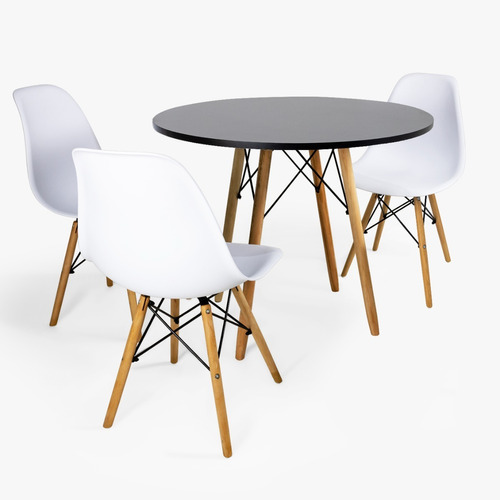 Mesa Redonda 80cm Com 3 Cadeiras Eames Eiffel Pés De Madeira