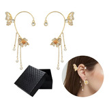 2pzs Aretes De Mariposas Clip Largos Trepadores Con Caja Color Oro