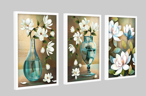 Kit 3 Quadros Decorativos Arte Floral Flores Brancas Vaso