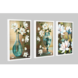 3 Quadros Decorativos Quarto Sala Varanda Flores Brancas 