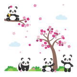 Adesivo De Parede Árvore De Cerejeira E Pandas