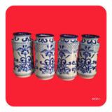 4 Floreros Arte Antiguo De Talavera Poblana Azul 22 Cm Flr