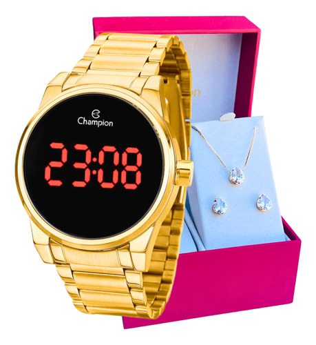 Relógio Feminino Champion Dourado Original + Colar Brincos