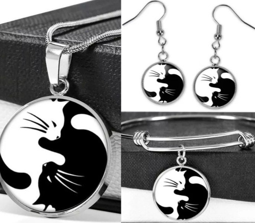 Conjunto Gato Yin Yang Aros +collar +pulsera Inoxidable 