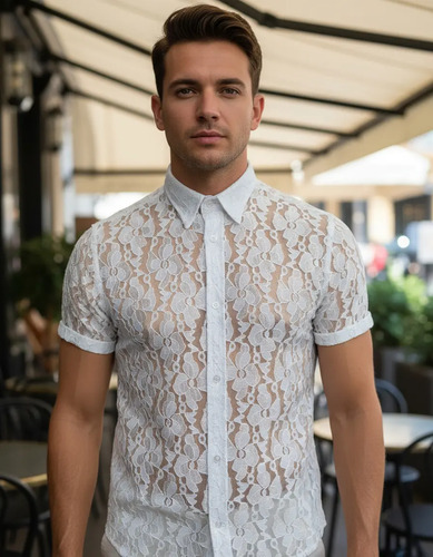 Camisa Hombre Transparente Manga Corta Lentejuela Brillos