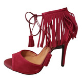 Sandalias Stiletto En Gamuza Vinotinto Con Flecos