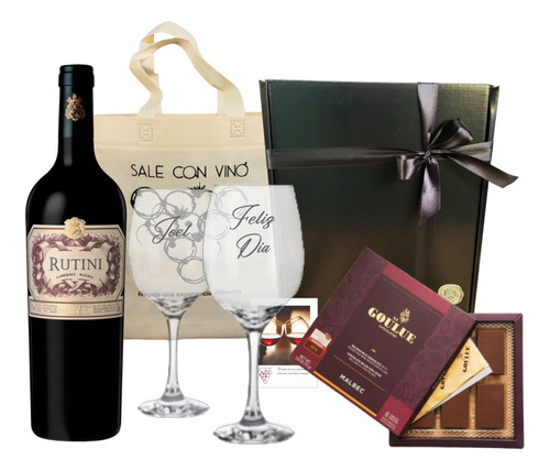 Box Vino Rutini Cab-mal +  Chocolate + Copas Vidrio Grabadas