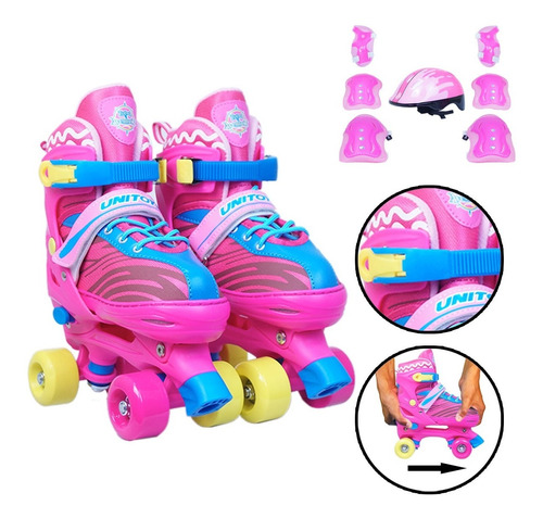 Patins 4 Rodas Feminino Infantil Do 30 A 37 Com Kit Proteção