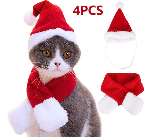 Traje De Navidad Gorro De Papá Noel Gato Con Bufanda 4 Pieza