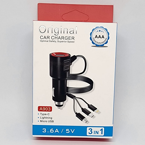 Cargador Auto Con Cable 3 En 1 V8, C, iPhone Vehiculo