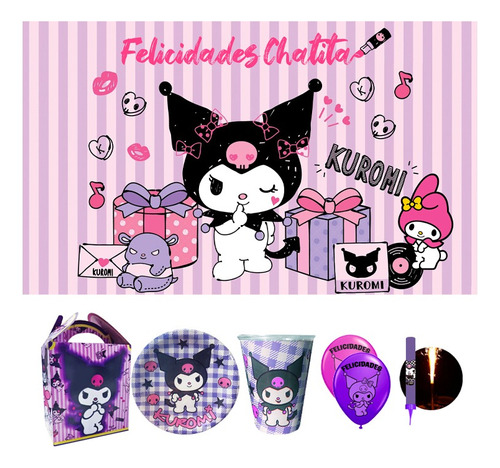 Kuromi My Melody Kit Fiesta 20 Niños Vasos Platos Vela Lona!