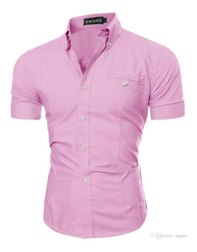 Camisa Social Masculina Slim Fit Manga Curta Com Elastano