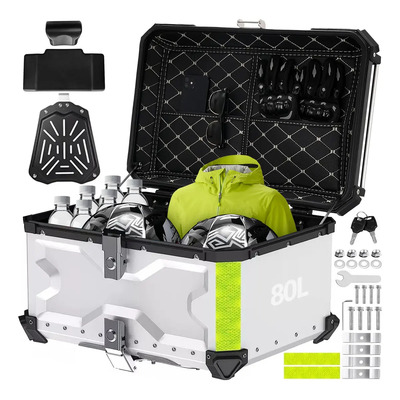 Urpow Maletero Moto Aluminio 80L Top Case 2 Cascos Resistente Agua y Polvo Plateado | Envío gratis