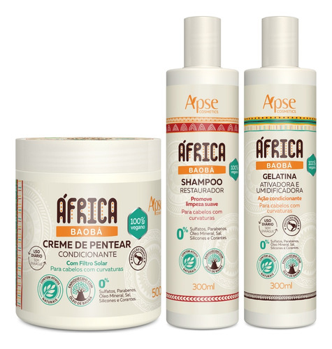 Kit África Baobá Shampoo Creme De Pentear E Gelatina Apice