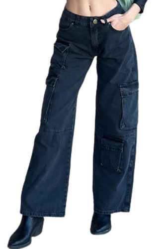 Jeans Wide Leg Cargo Mujer Plac Negro Tiro Medio Bajo Rigido