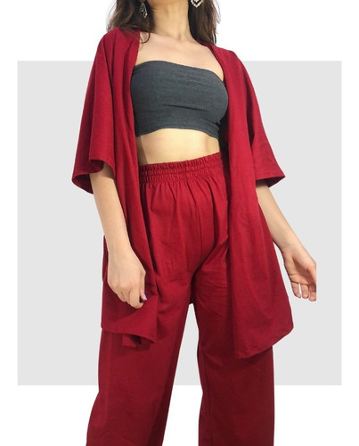 Conjunto Kit Kimono + Calça Wideleg Vermelho Queimado