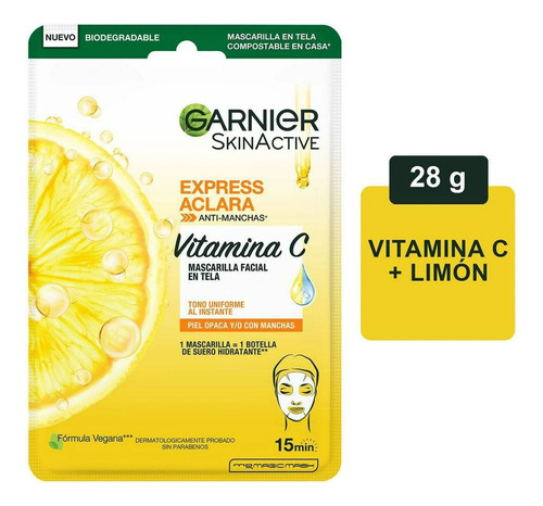 Mascarilla Facial En Tela Garnier Skin Active Express Aclara Anti-manchas Vitamina C