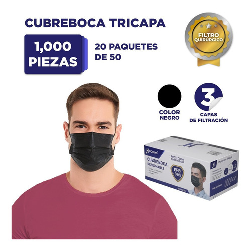 Cubrebocas Hokins Negro 1000 Piezas Termo Sellado Tricapa 