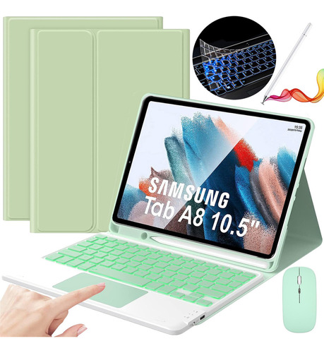Funda C/teclado+mouse+lápiz P/galaxy Tab A8 10.5 Verde Claro