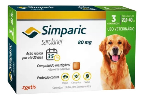 Antipulgas Simparic 80mg 20 A 40kg - 3 Comprimidos Original 