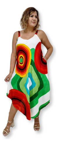 Vestido Trapézio Longuete Alça Com Bolso Estampa Desigual 