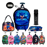 Kit Mochila Infantil Escolar Rodinhas Garrafa Térmica E Nome