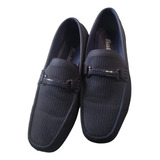 Zapatos Mocasin Cuero Sintetico /textil Azul Marino Usado