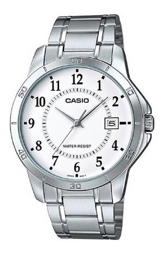 Reloj Pulsera Casio Enticer Mtp-v004 De Cuerpo Color Plata, Analógico, Para Hombre, Fondo Blanco, Con Correa De Acero Inoxidable Color Plata, Agujas Color Plata, Dial Negro, Minutero/segundero Negro, 