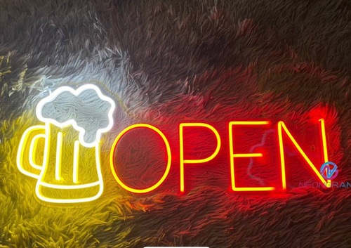 Letrero Led Neon Open Abierto Bar Cerveza Ancho45cm Luminoso