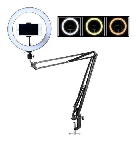 Ring Light Maquiagem Youtuber 26cm 10 Braço Articulado Mesa Cor Da Estrutura Preto 110v/220v