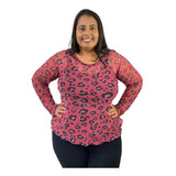 Blusa Plus Size Feminina Tule Segunda Pele Onça Animal Print