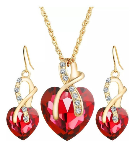 Set Collar Aretes Oro Lam + Regalo Swarovski Cristal Corazón