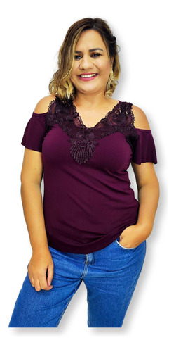 Blusa Malha Viscolycra Ciganinha Com Renda Lisa