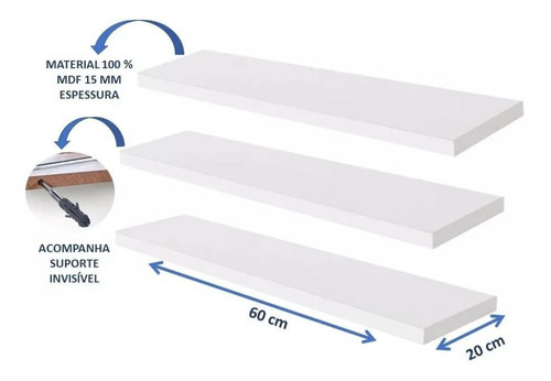 Kit 3 Prateleiras Mdf 60x20 Suporte Invisível Pronta Cor Branco Cor Da Armação Branco