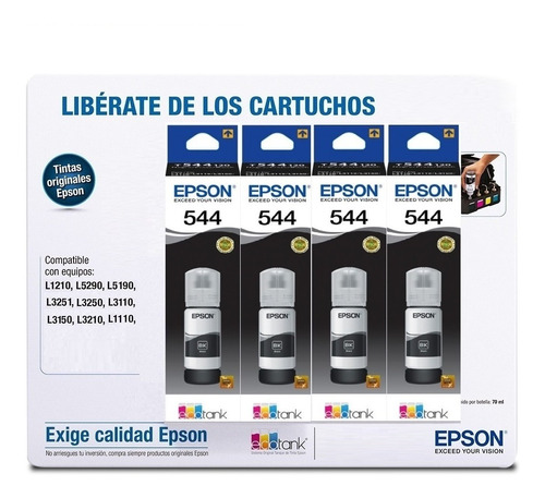 4 Pack Tinta Epson 544 L1210 L5290 L3251 L3250 L1110 L3210