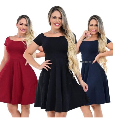 Kit 3 Vestidos Rodado Godê Moda Princesa Basico Acinturado