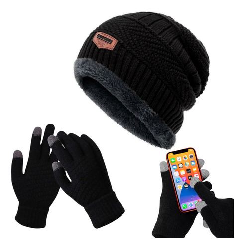 Kit Touca Gorro Lã Forrada + Luva Touch Mexer Celular Tablet