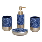 Kit De Banheiro Cerâmica 4 Pçs - Azul E Dourado